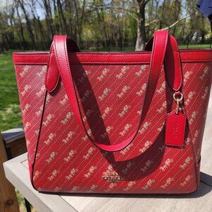 RED COACH HORSE AND CARRIAGE TOTE WITH DOT PRINT